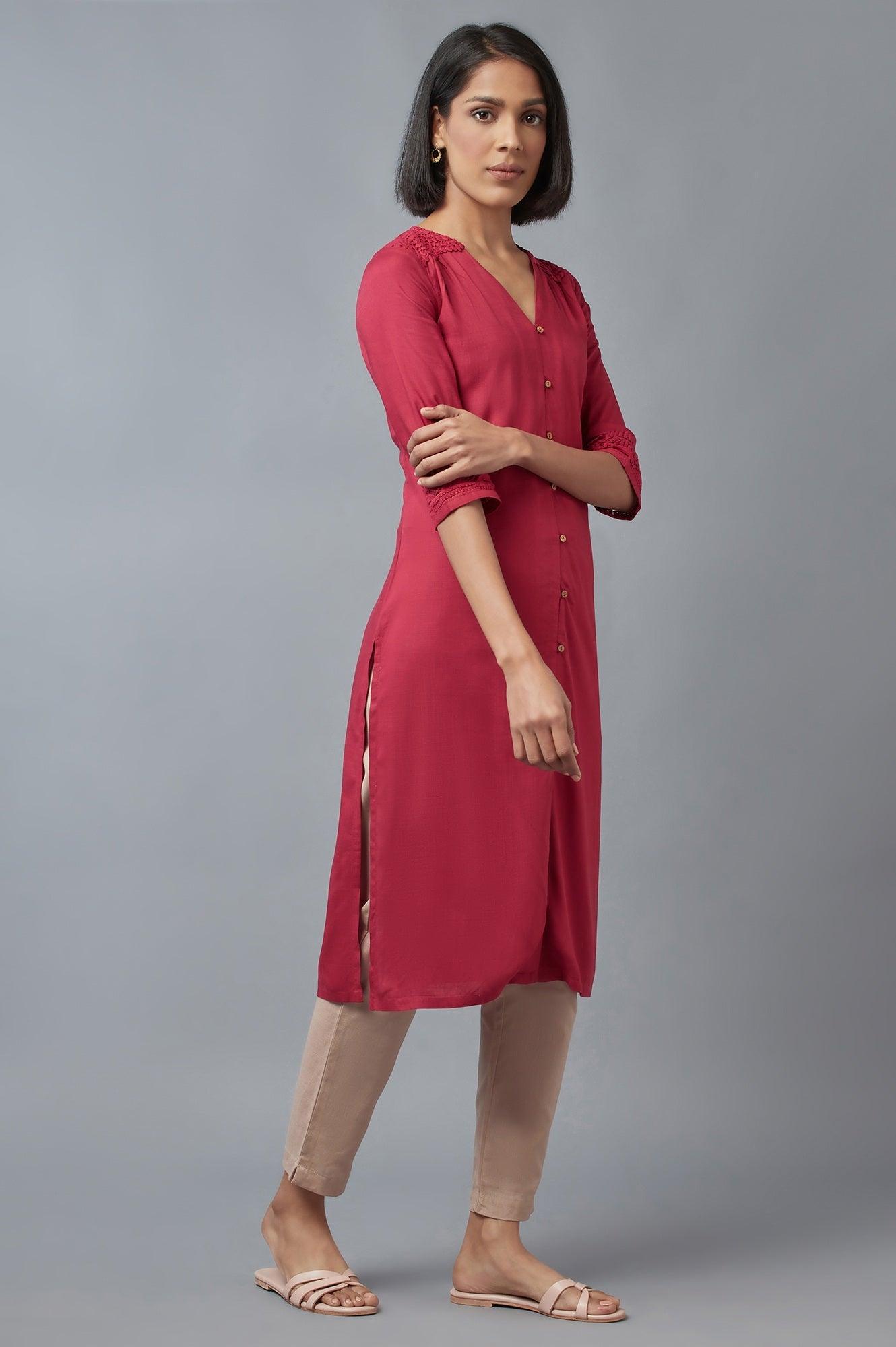 Dark Red Button Down kurta - wforwoman