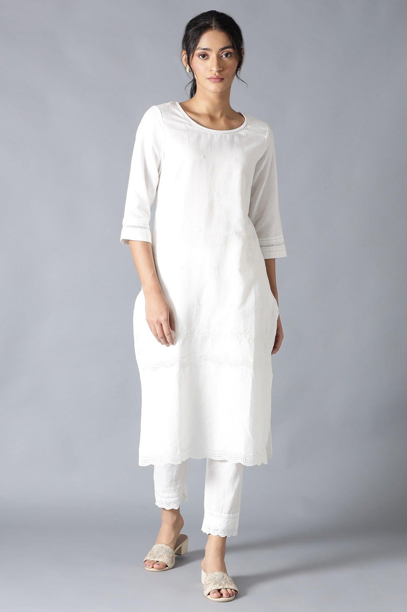 Ecru Embroidered kurta - wforwoman