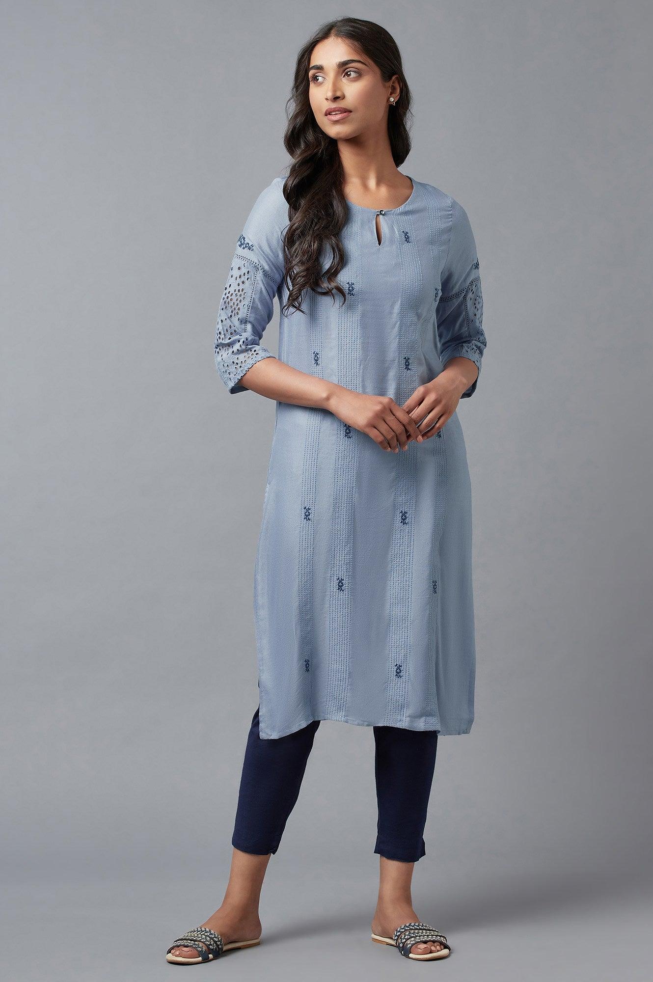 Chambray Blue Embroidered kurta - wforwoman