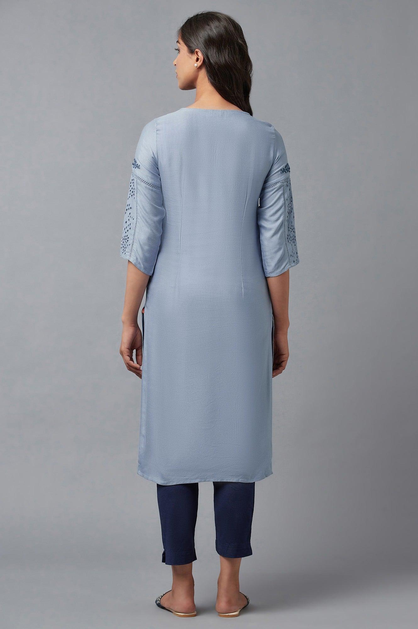 Chambray Blue Embroidered kurta - wforwoman