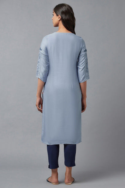Chambray Blue Embroidered kurta - wforwoman