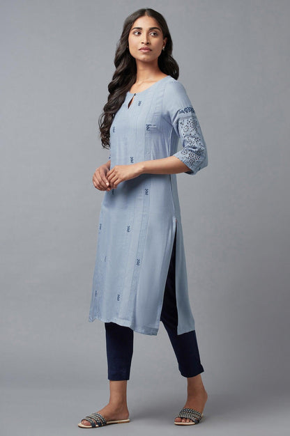 Chambray Blue Embroidered kurta - wforwoman