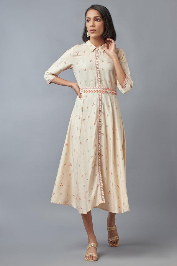 Ecru Cotton Shirt-Collar Midi Dress