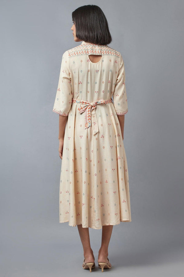 Ecru Cotton Shirt-Collar Midi Dress