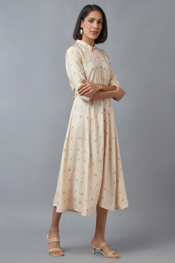 Ecru Cotton Shirt-Collar Midi Dress