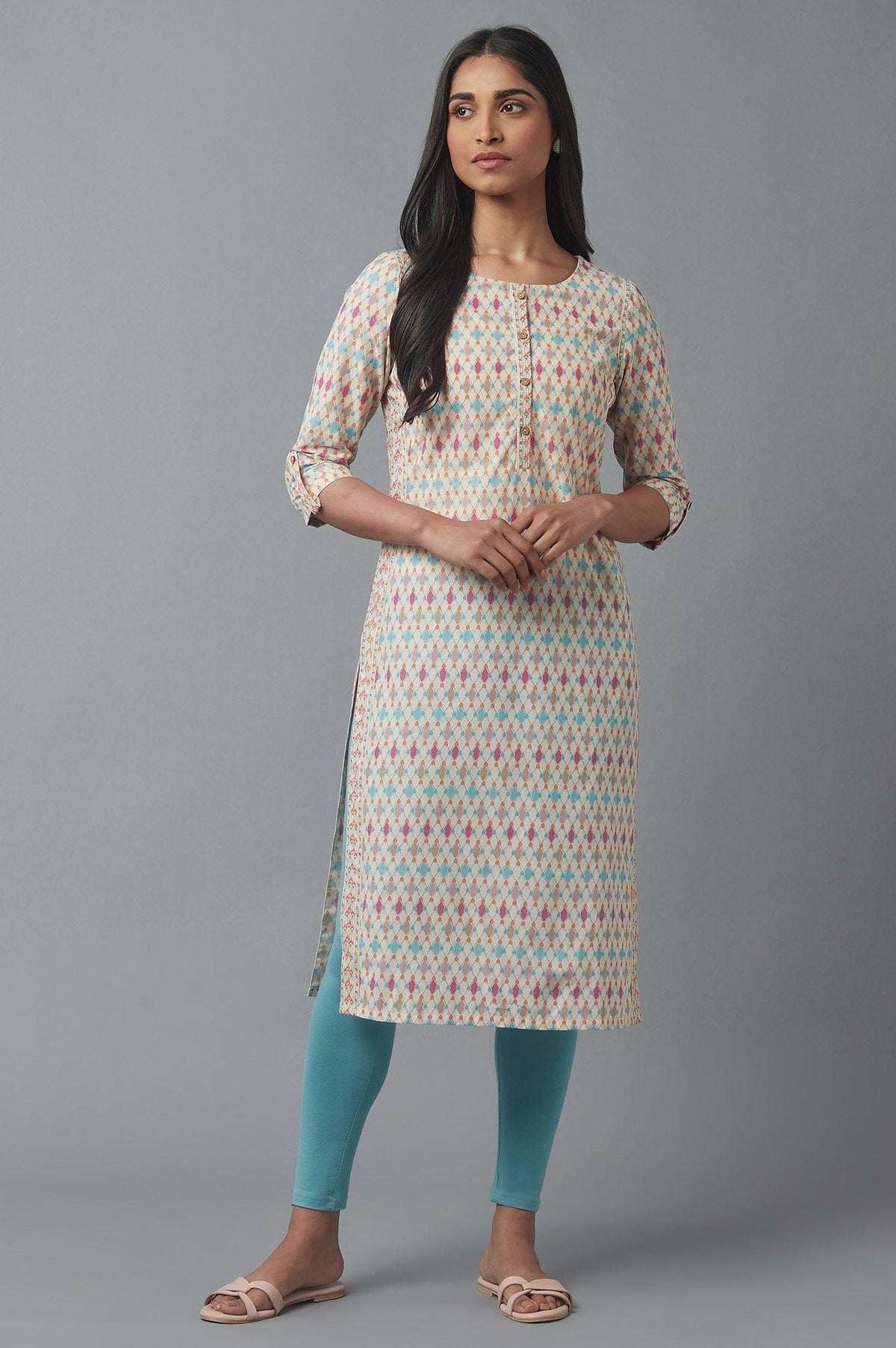 Ecru Geometric Print kurta - XS