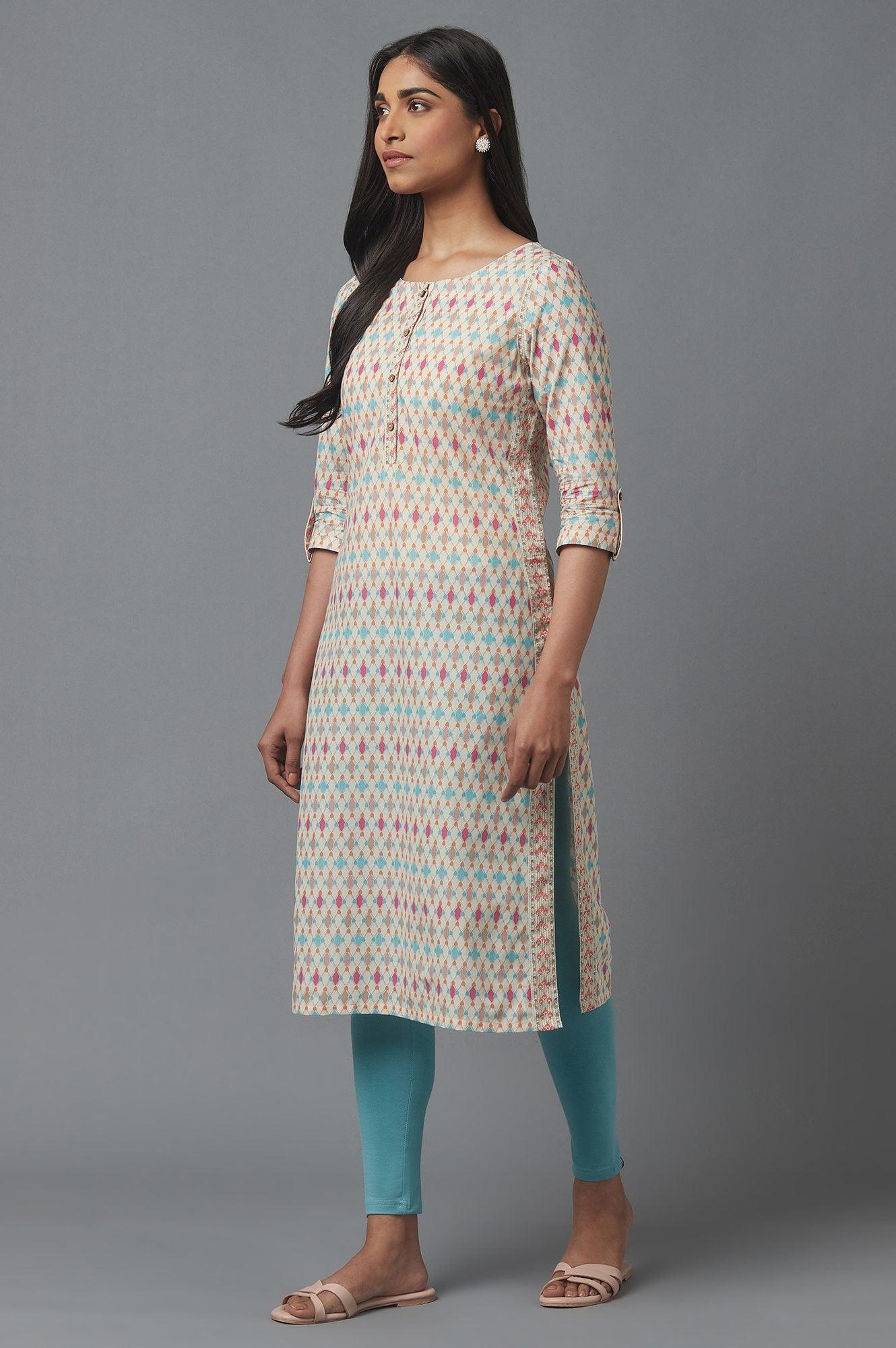 Ecru Geometric Print kurta - wforwoman