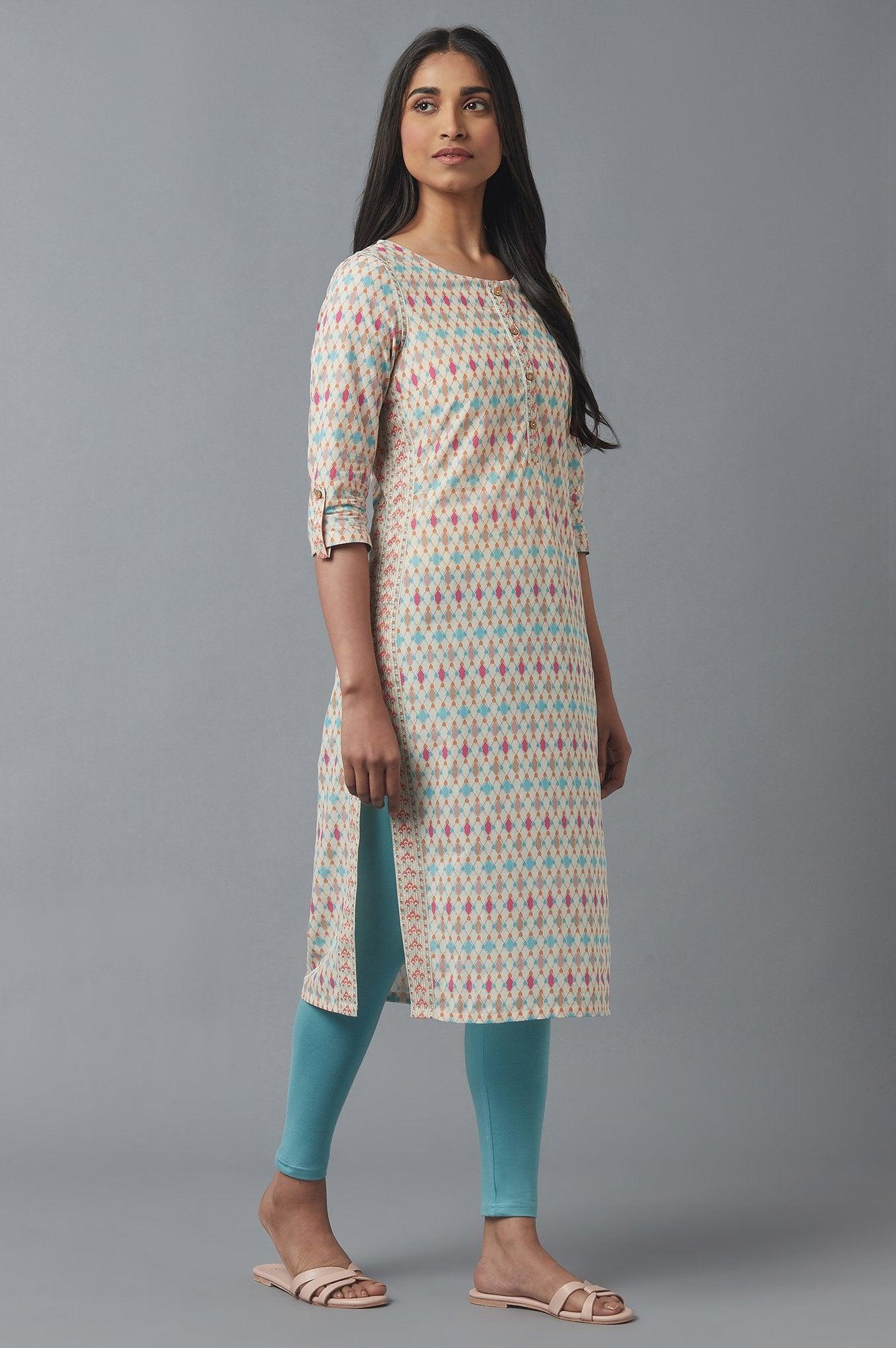 Ecru Geometric Print kurta - wforwoman