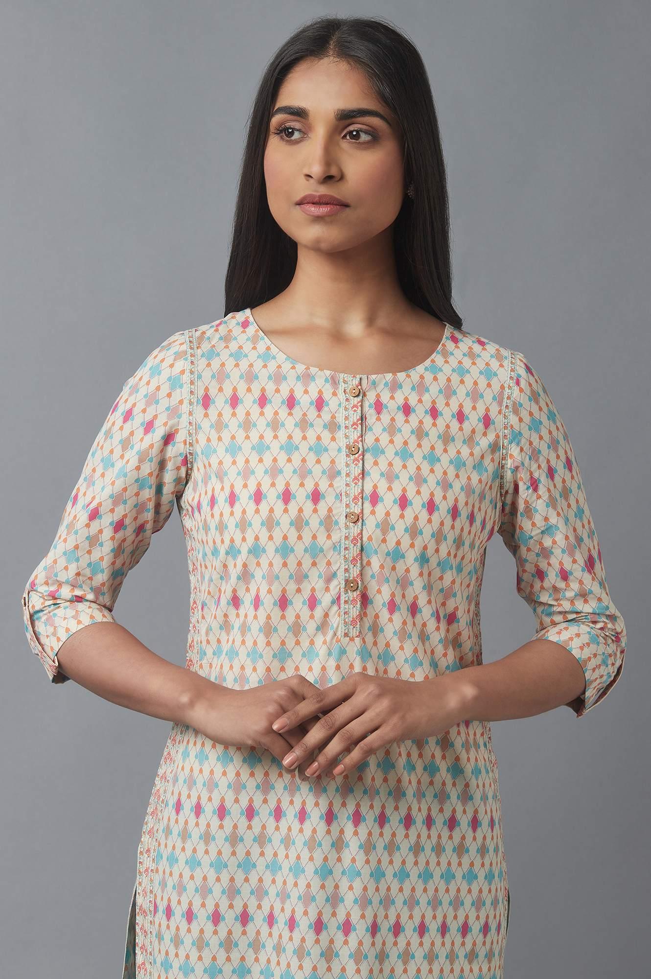 Ecru Geometric Print kurta - wforwoman