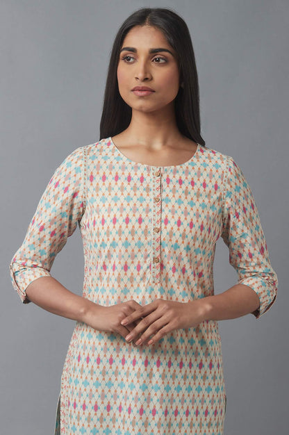 Ecru Geometric Print kurta - wforwoman