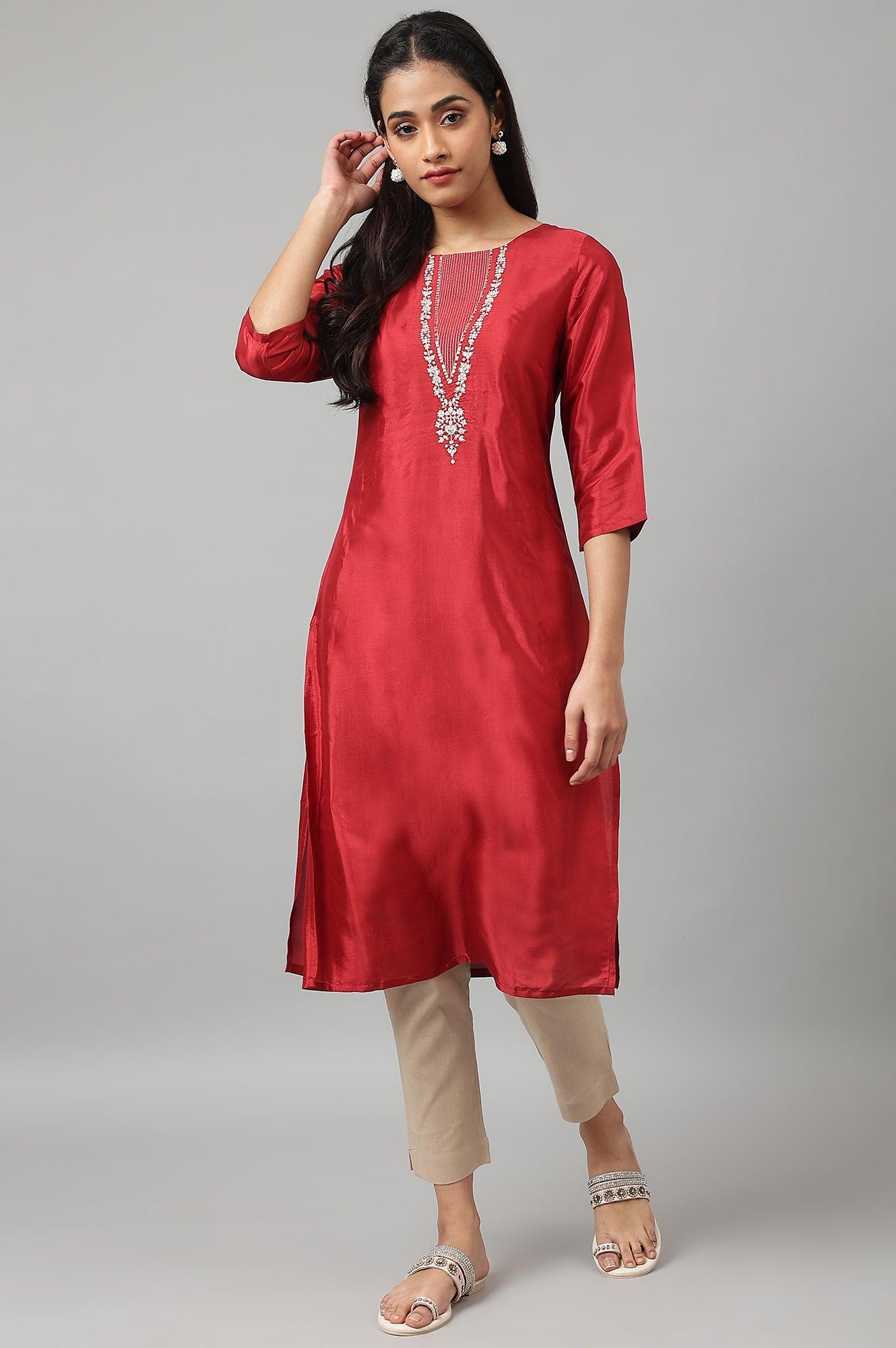 Deep Red Embroidered Festive kurta - wforwoman