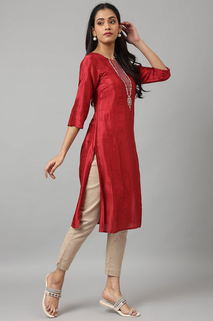 Deep Red Embroidered Festive kurta - wforwoman