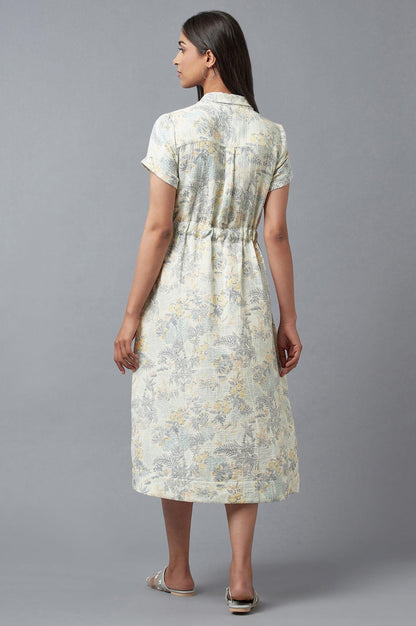 Light Blue A-Line Cotton Dress In Lapel Collar - wforwoman