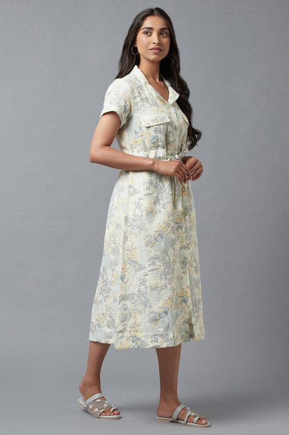 Light Blue A-Line Cotton Dress In Lapel Collar - wforwoman
