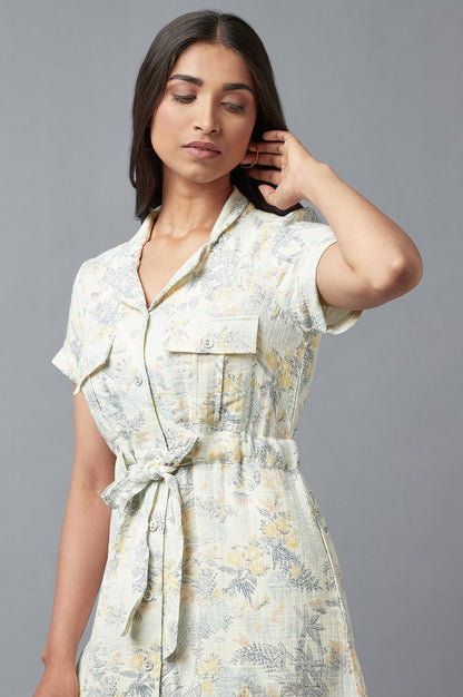 Light Blue A-Line Cotton Dress In Lapel Collar - wforwoman