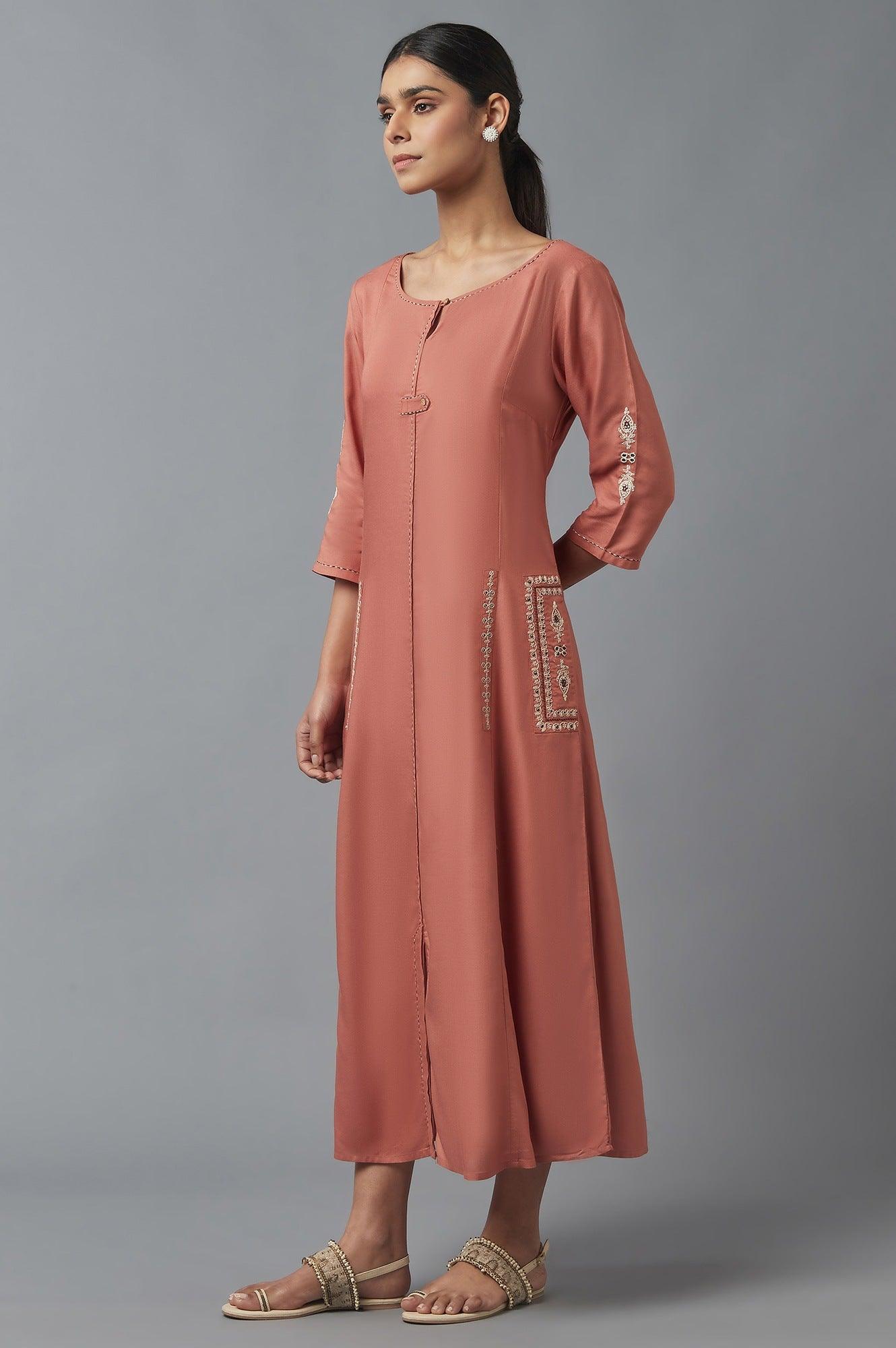 Orange A-line Embroidered Dress - wforwoman