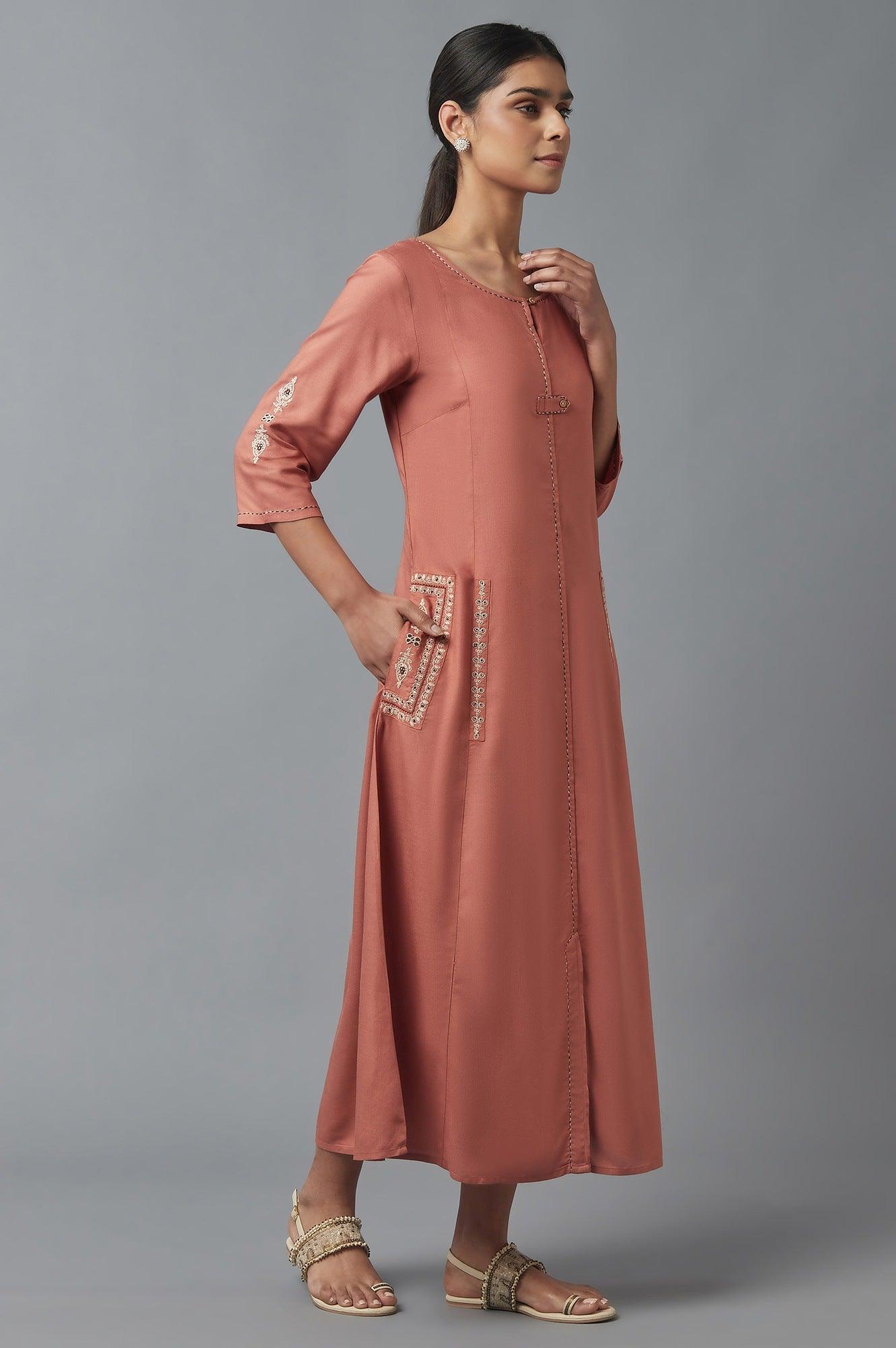 Orange A-line Embroidered Dress - wforwoman