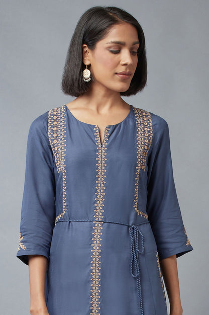 Dark Blue Solid Thread Embroidered Rayon A-Line Dress and Slim Pant Set
