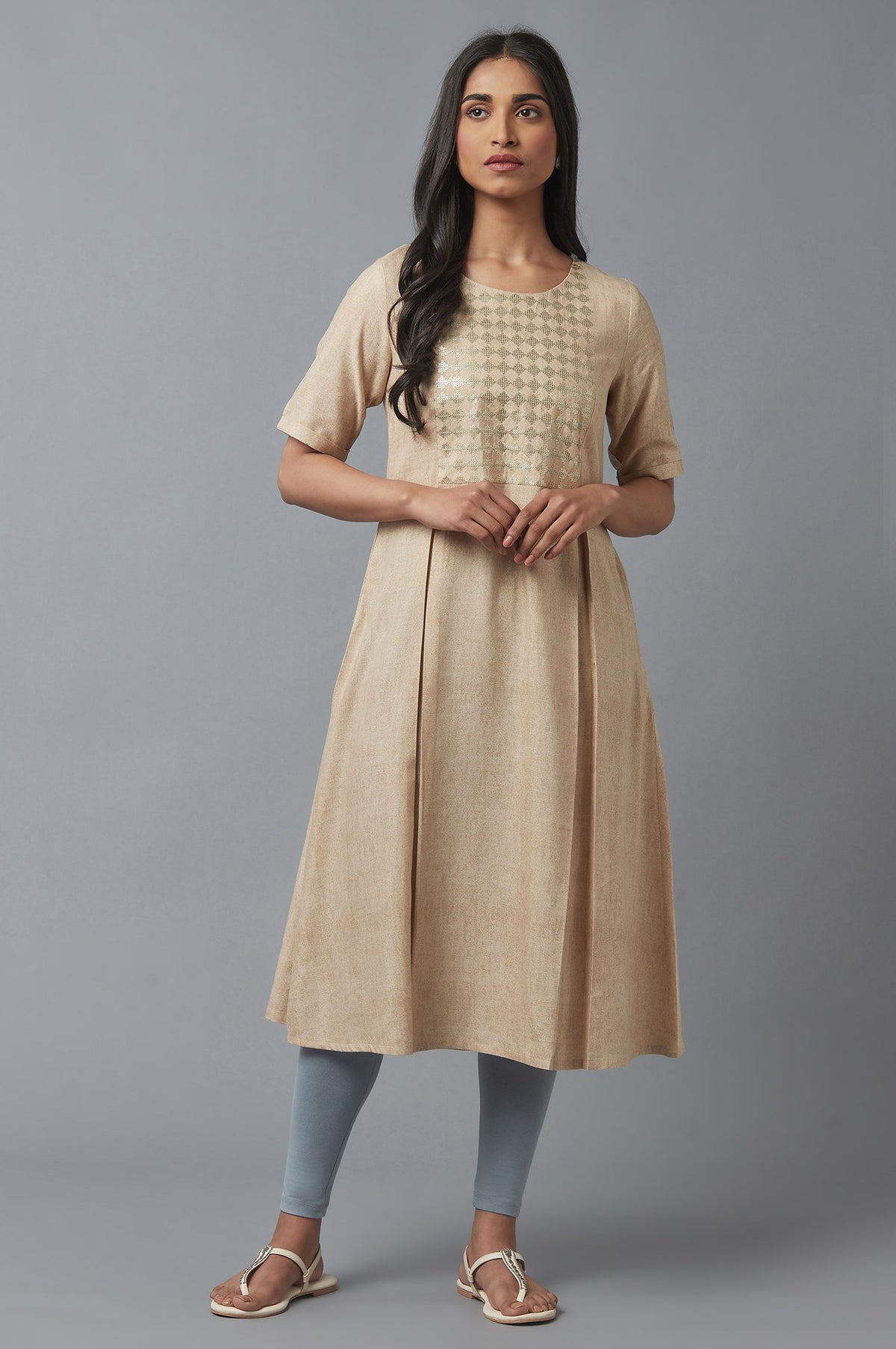 Almond Beige Sequin Work kurta - XS