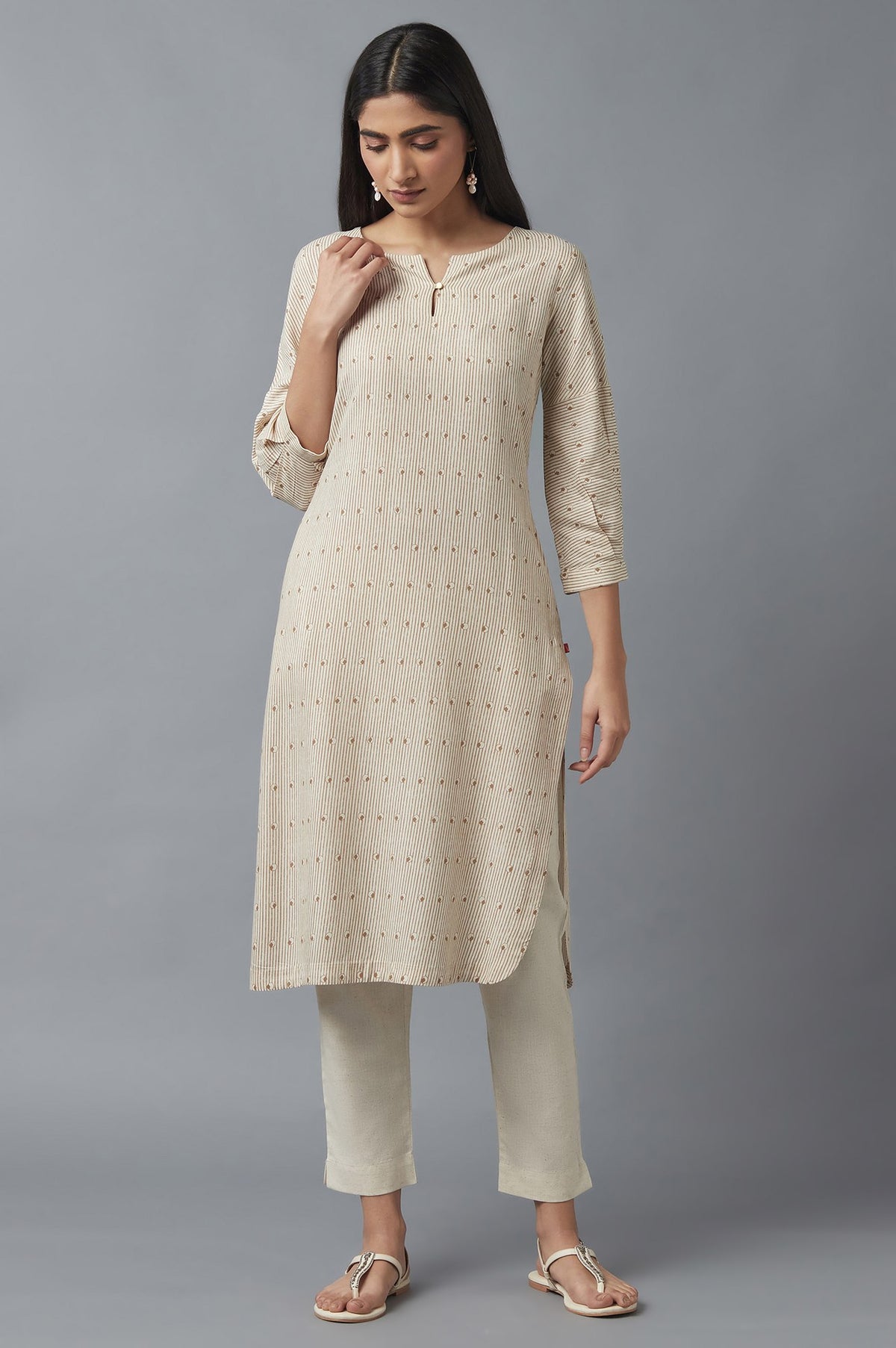 Beige Stripe Print Kurta - S