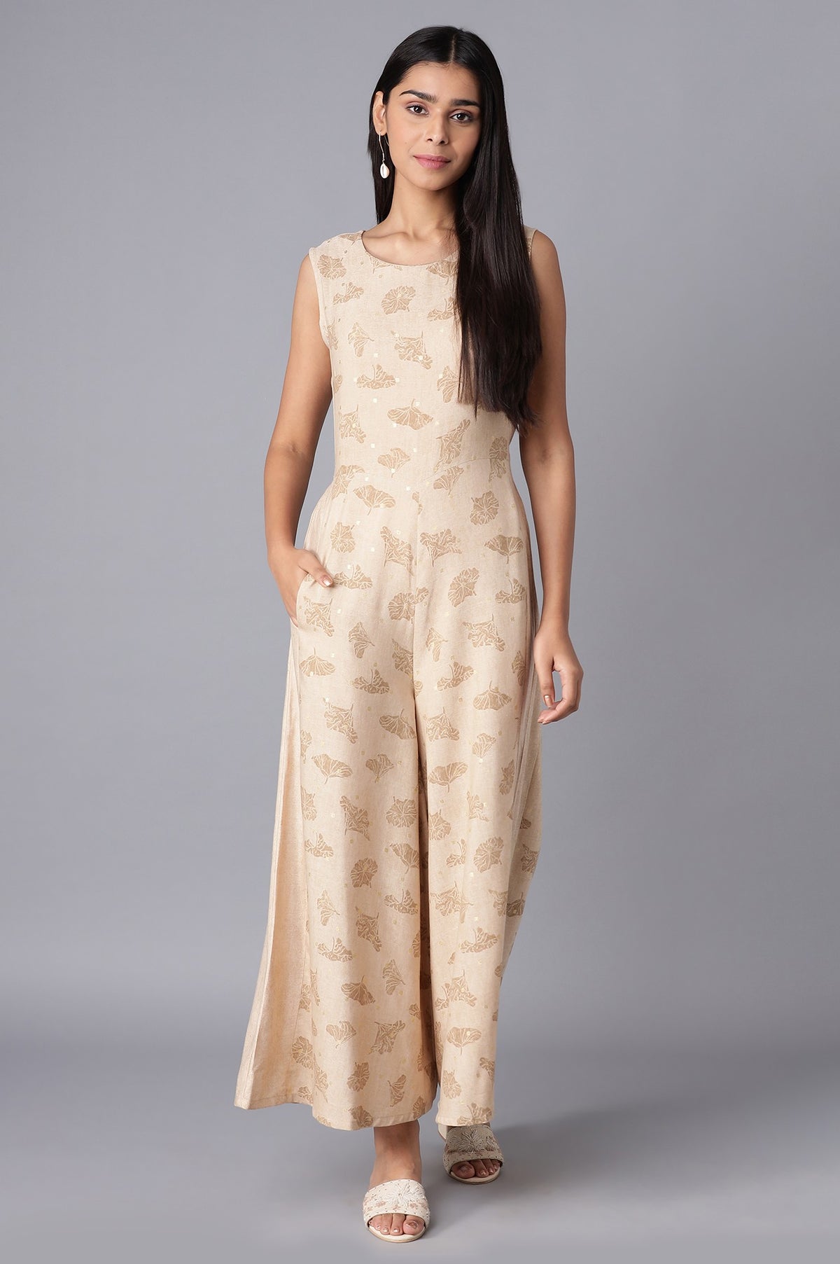 Almond Beige Printed Jumpsuit - XXL