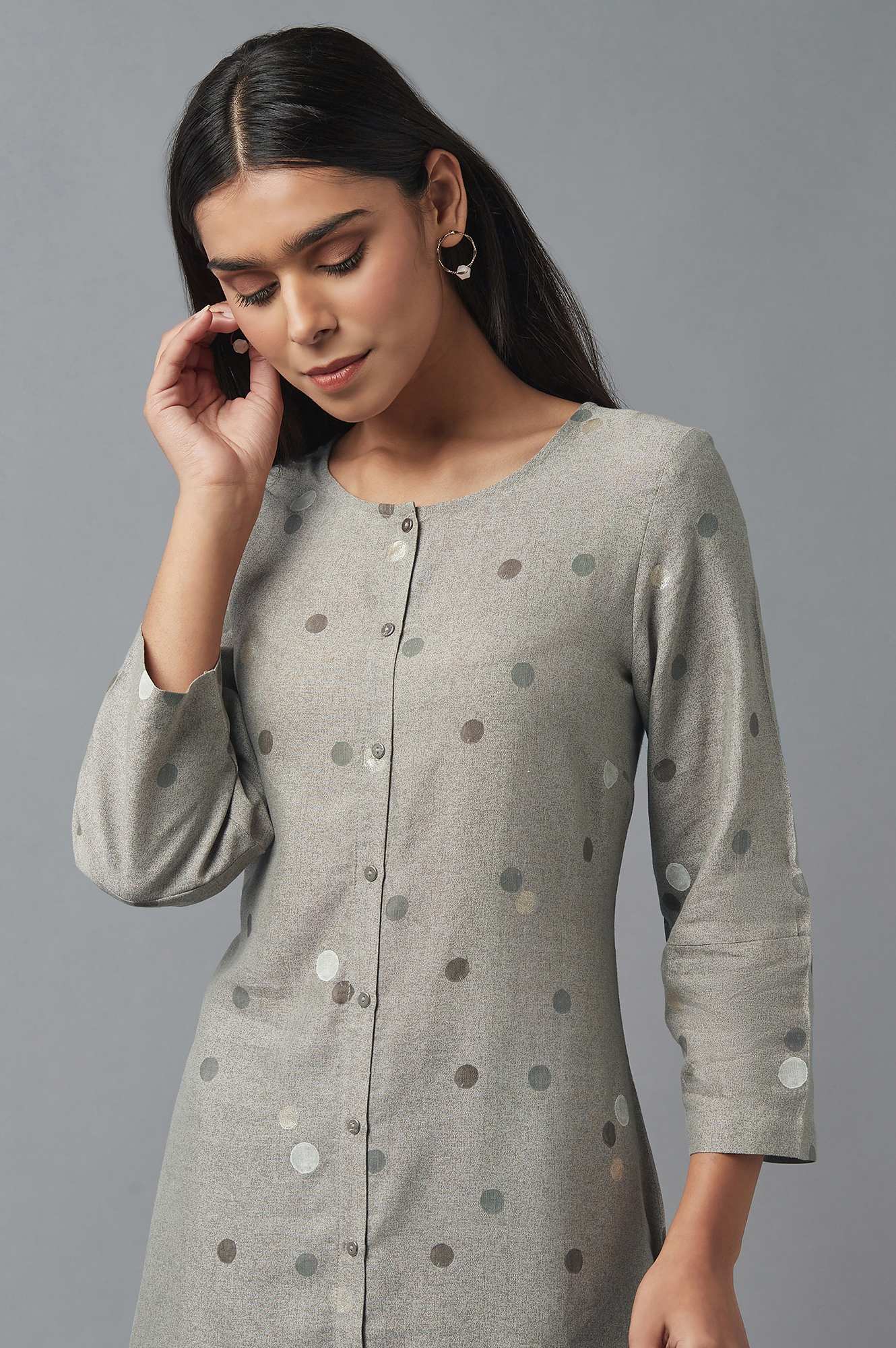 Grey Polka Dots Rayon Flax A-Line Kurta and Slim Pant Set