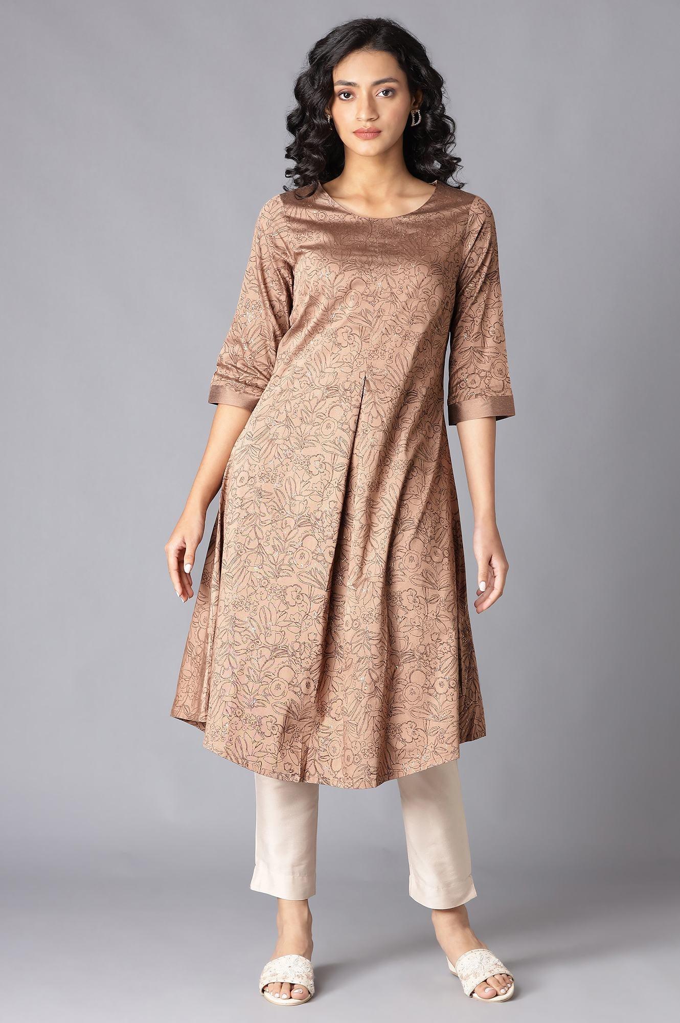 Brown A-Line Printed kurta - wforwoman