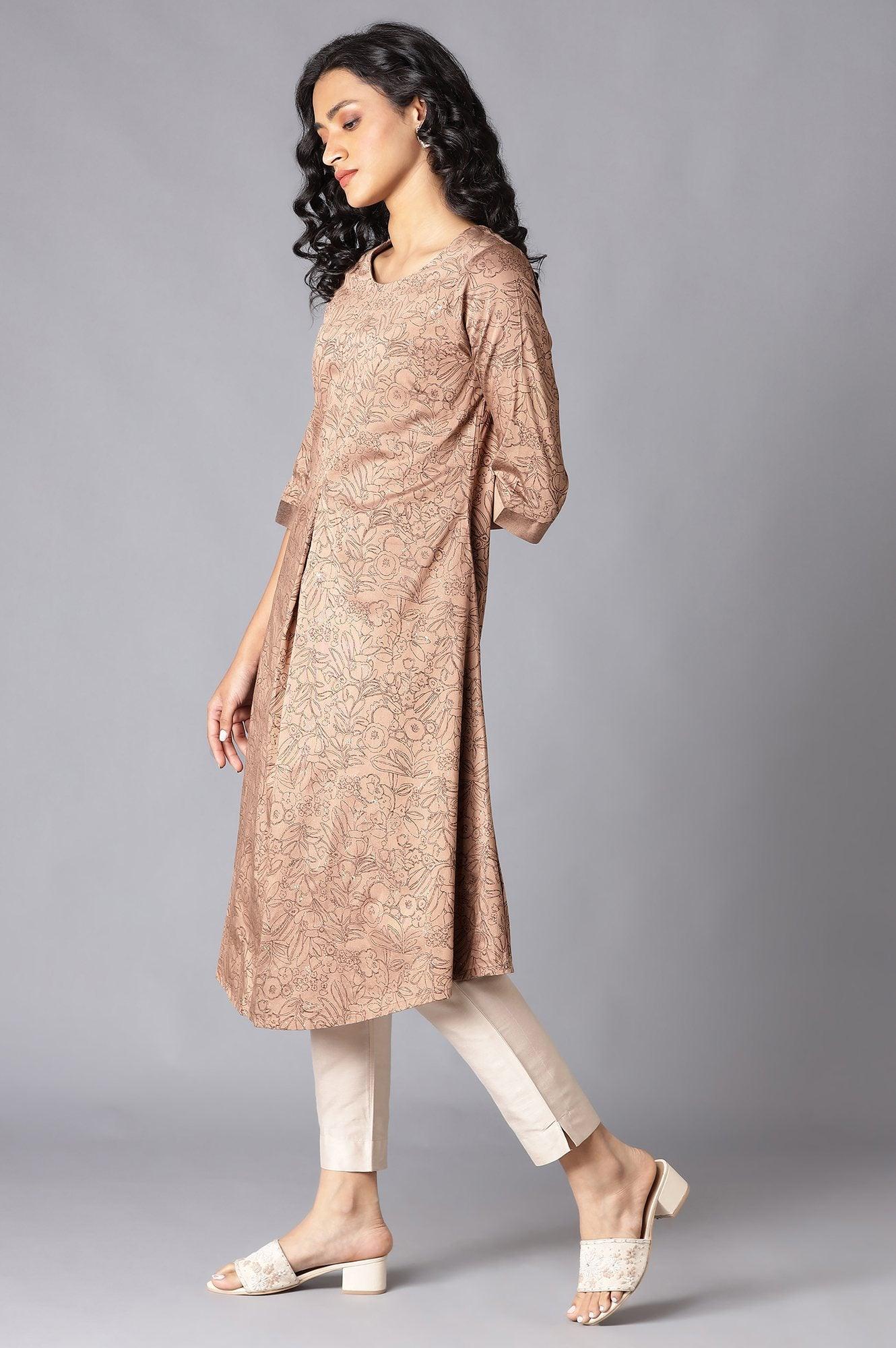 Brown A-Line Printed kurta - wforwoman