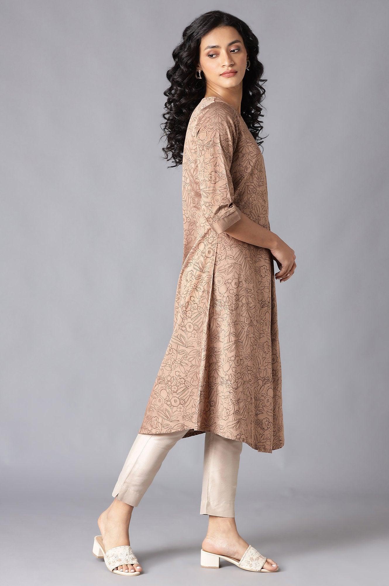 Brown A-Line Printed kurta - wforwoman