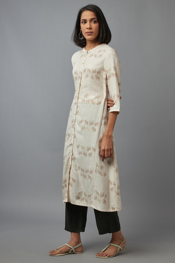 Beige Cotton Front-Open Straight Kurta