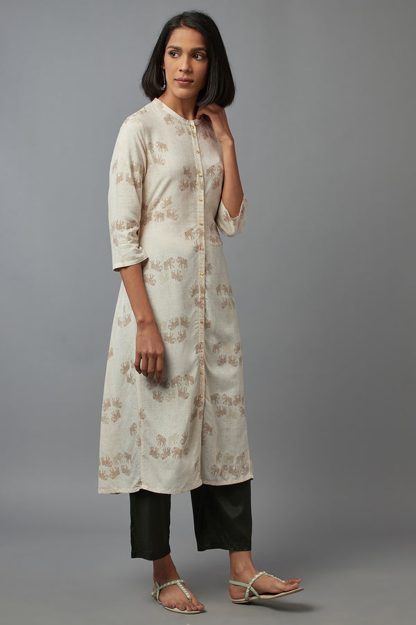 Beige Cotton Front-Open Straight Kurta