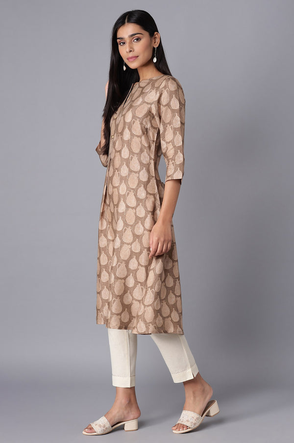 Woodsmoke Brown Printed Shantung A-line kurta