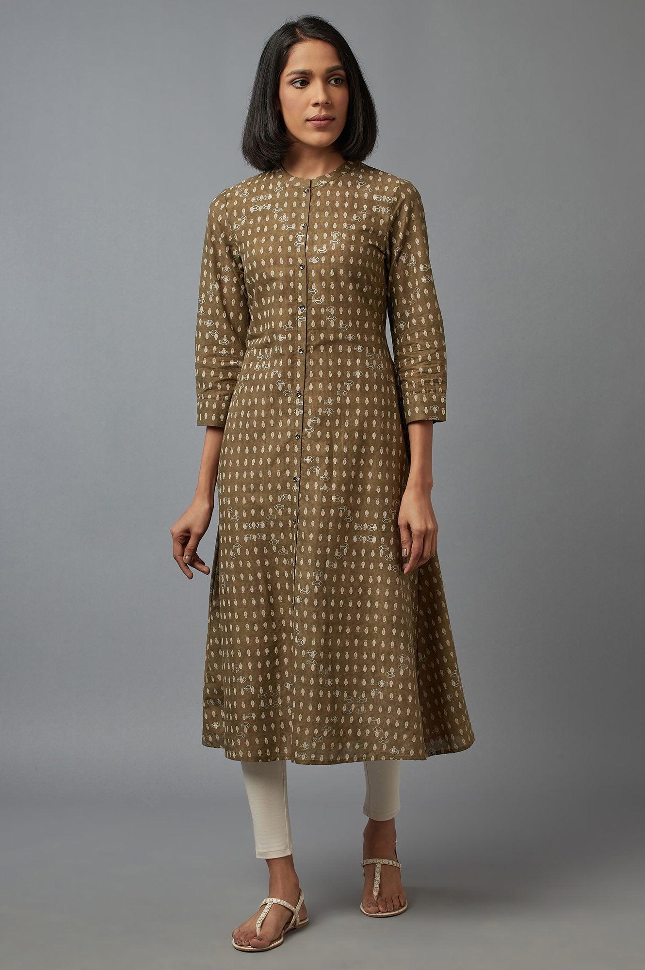 Olive Green Printed Button Down kurta - wforwoman