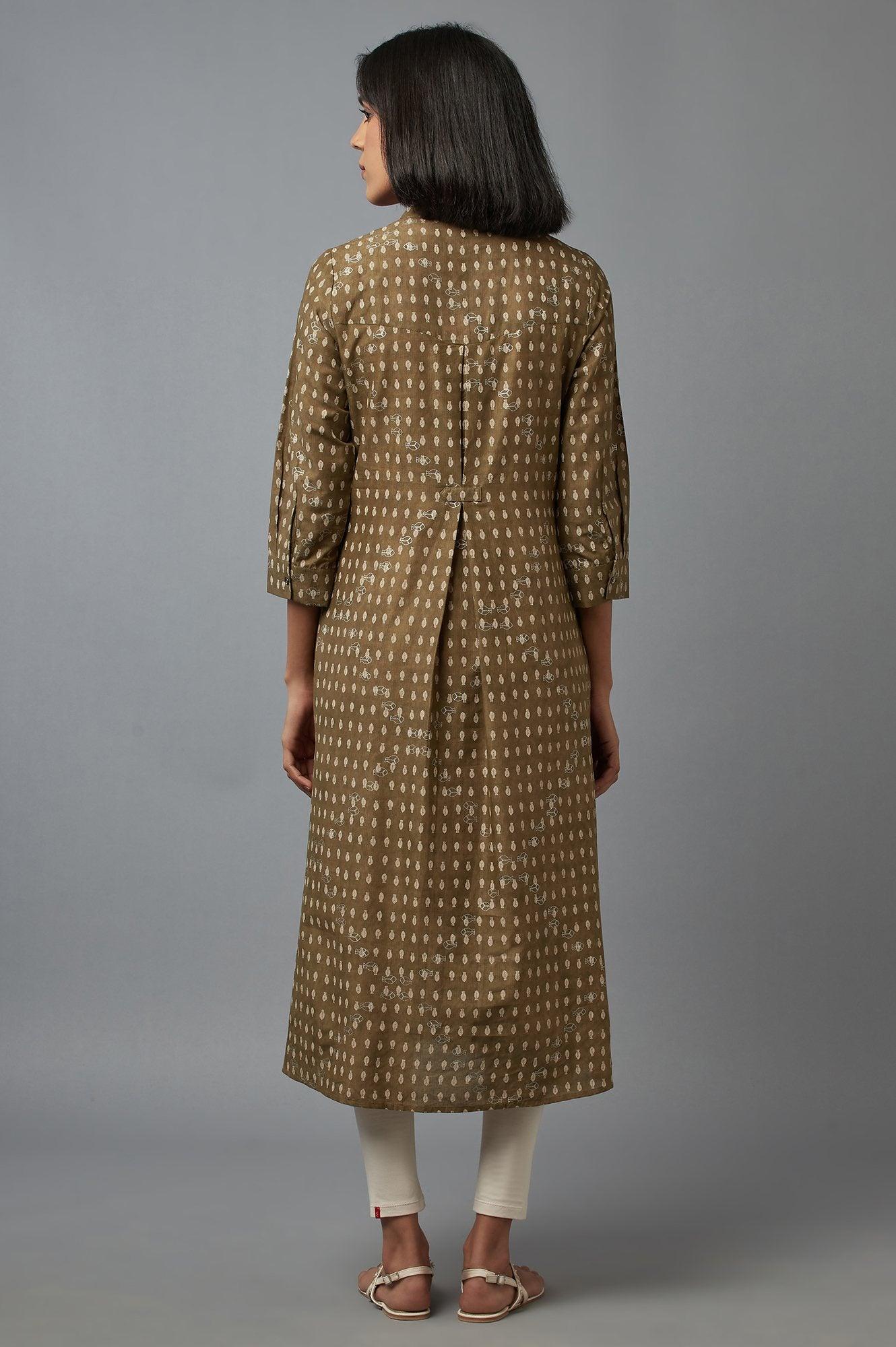 Olive Green Printed Button Down kurta - wforwoman