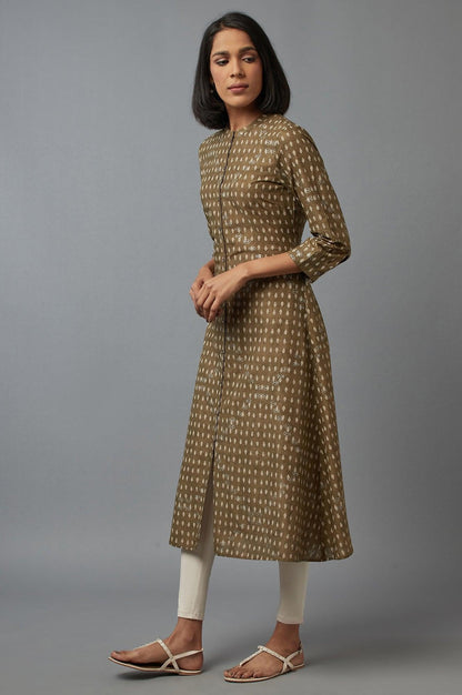 Olive Green Printed Button Down kurta - wforwoman