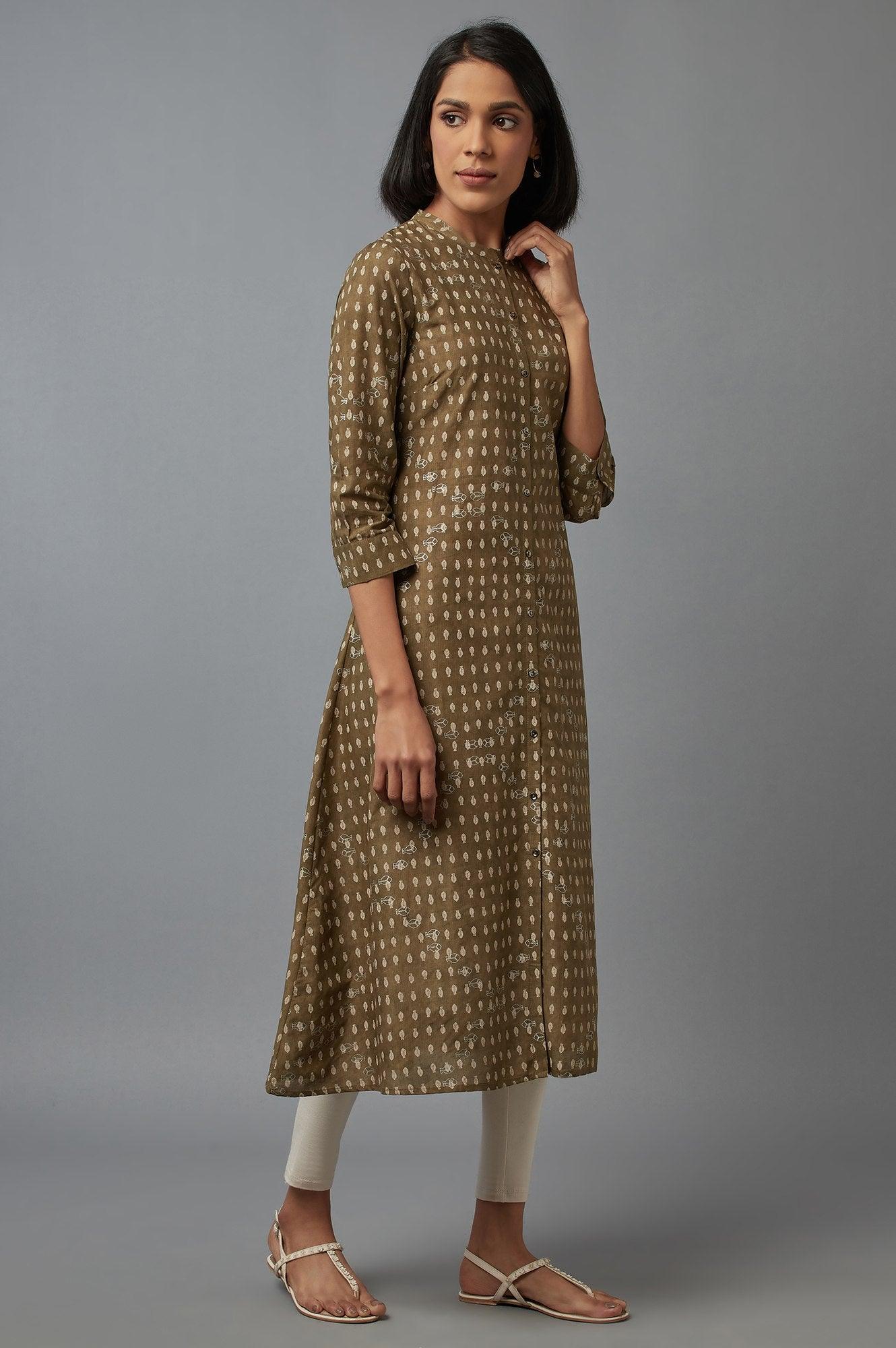 Olive Green Printed Button Down kurta - wforwoman