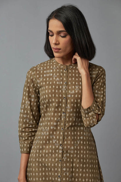 Olive Green Printed Button Down kurta - wforwoman