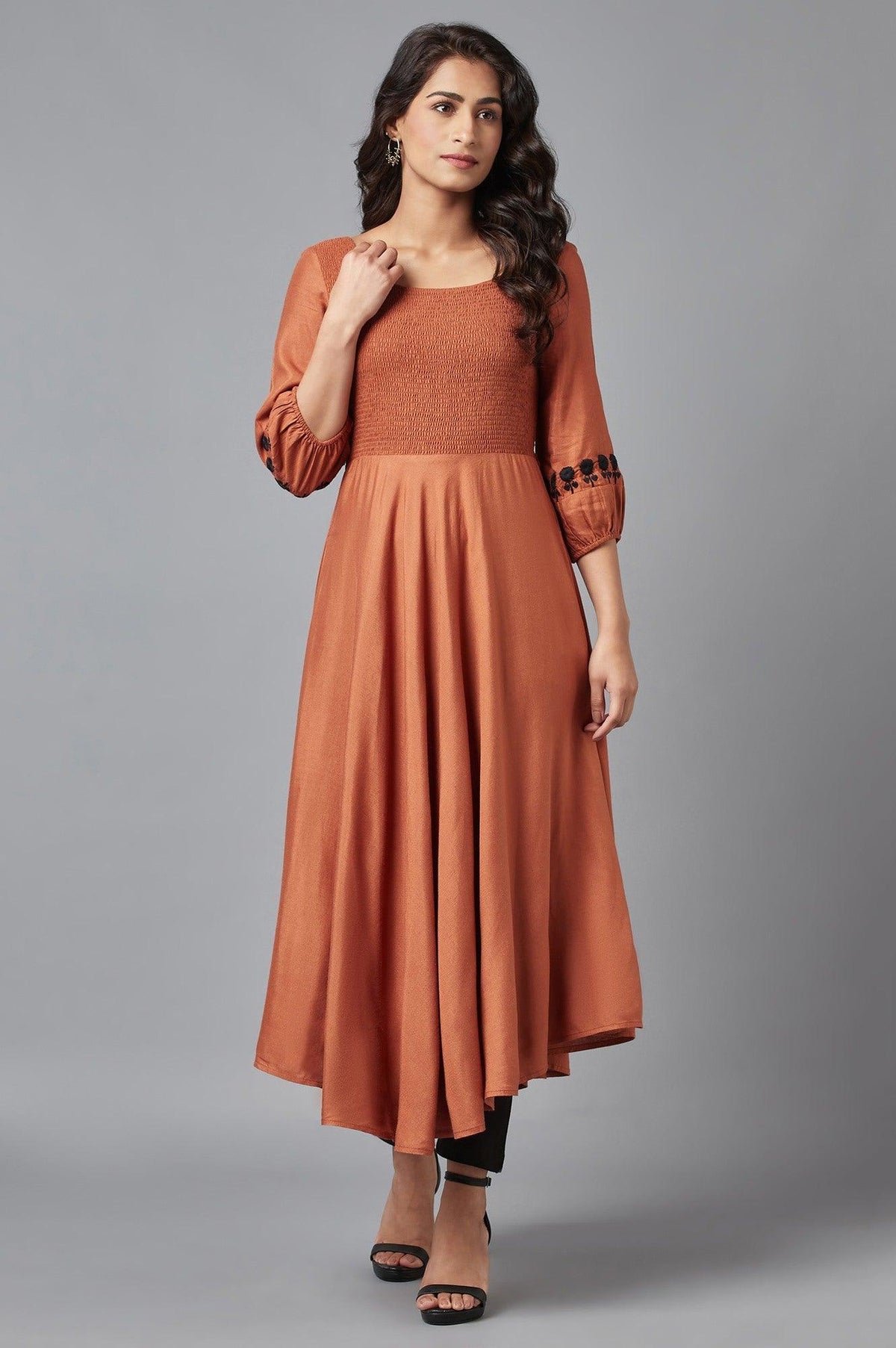 Rust Brown Solid Western Midi Dress with Embroidery on Sleeves - XS