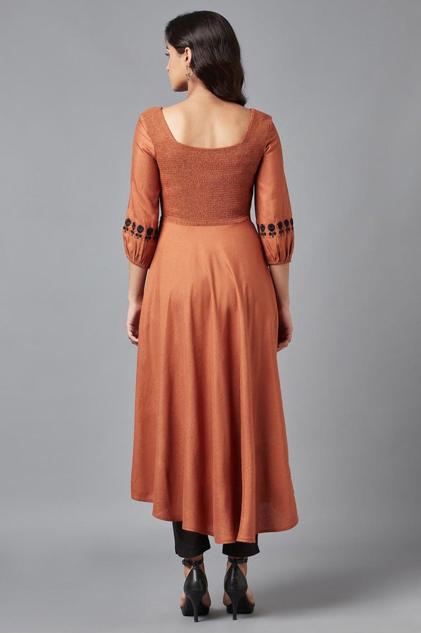 Rust Brown Solid Western Midi Dress with Embroidery on Sleeves