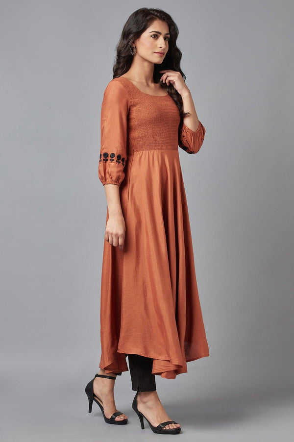 Rust Brown Solid Western Midi Dress with Embroidery on Sleeves