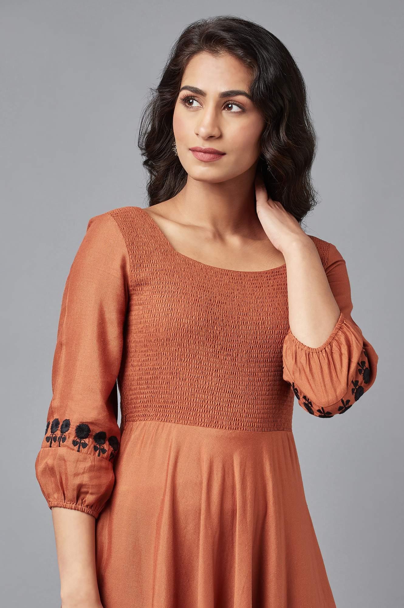 Buy Rust Brown Solid Western Midi Dress with Embroidery on Sleeves Online for Woman | WforWoman Buy Rust Brown Solid Western Midi Dress with Embroidery on Sleeves Online for Woman | WforWoman