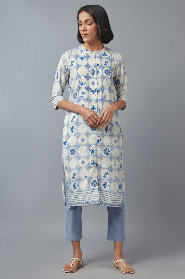 Blue and Ecru Printed kurta
