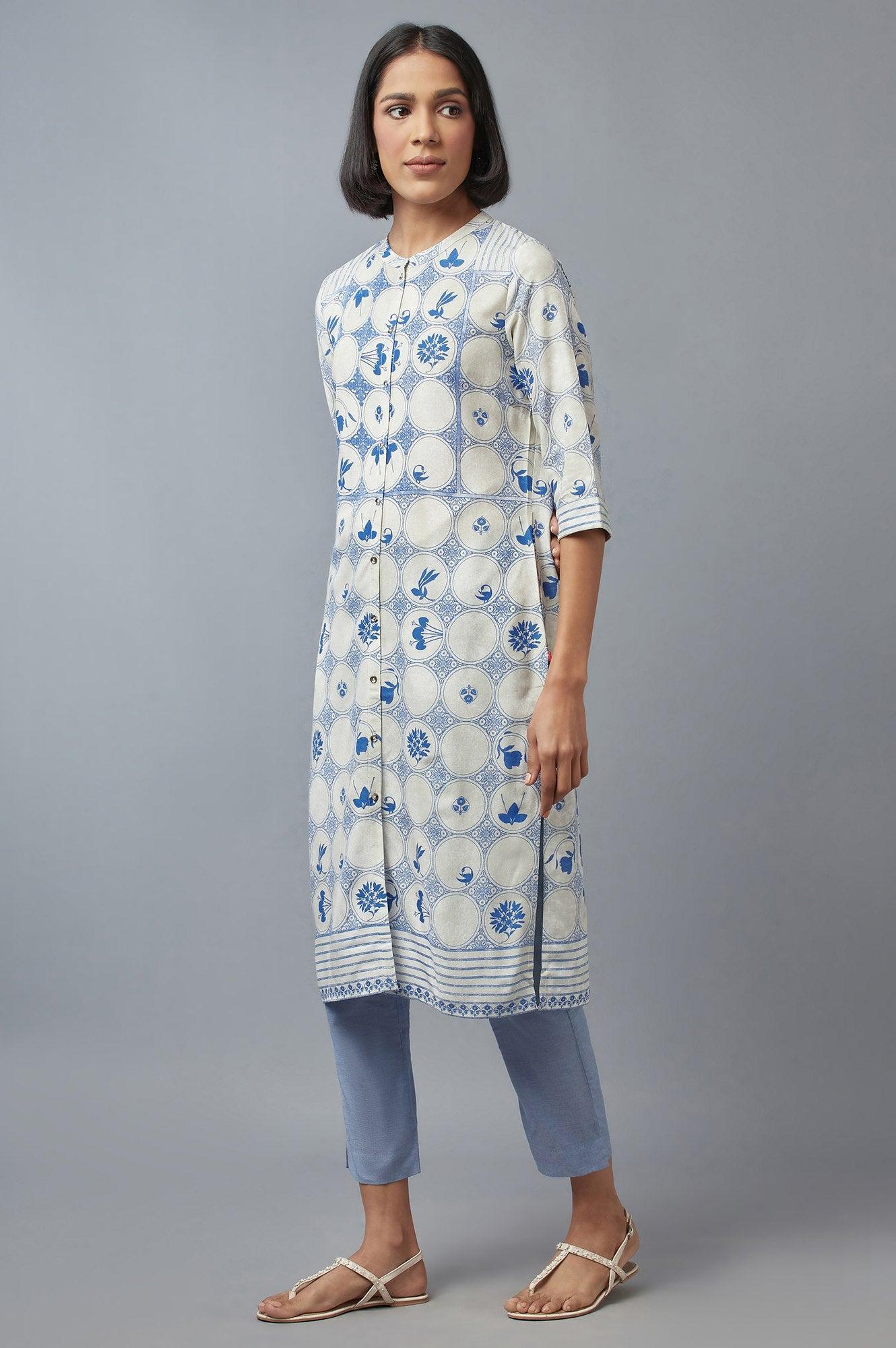 Blue and Ecru Printed kurta - wforwoman