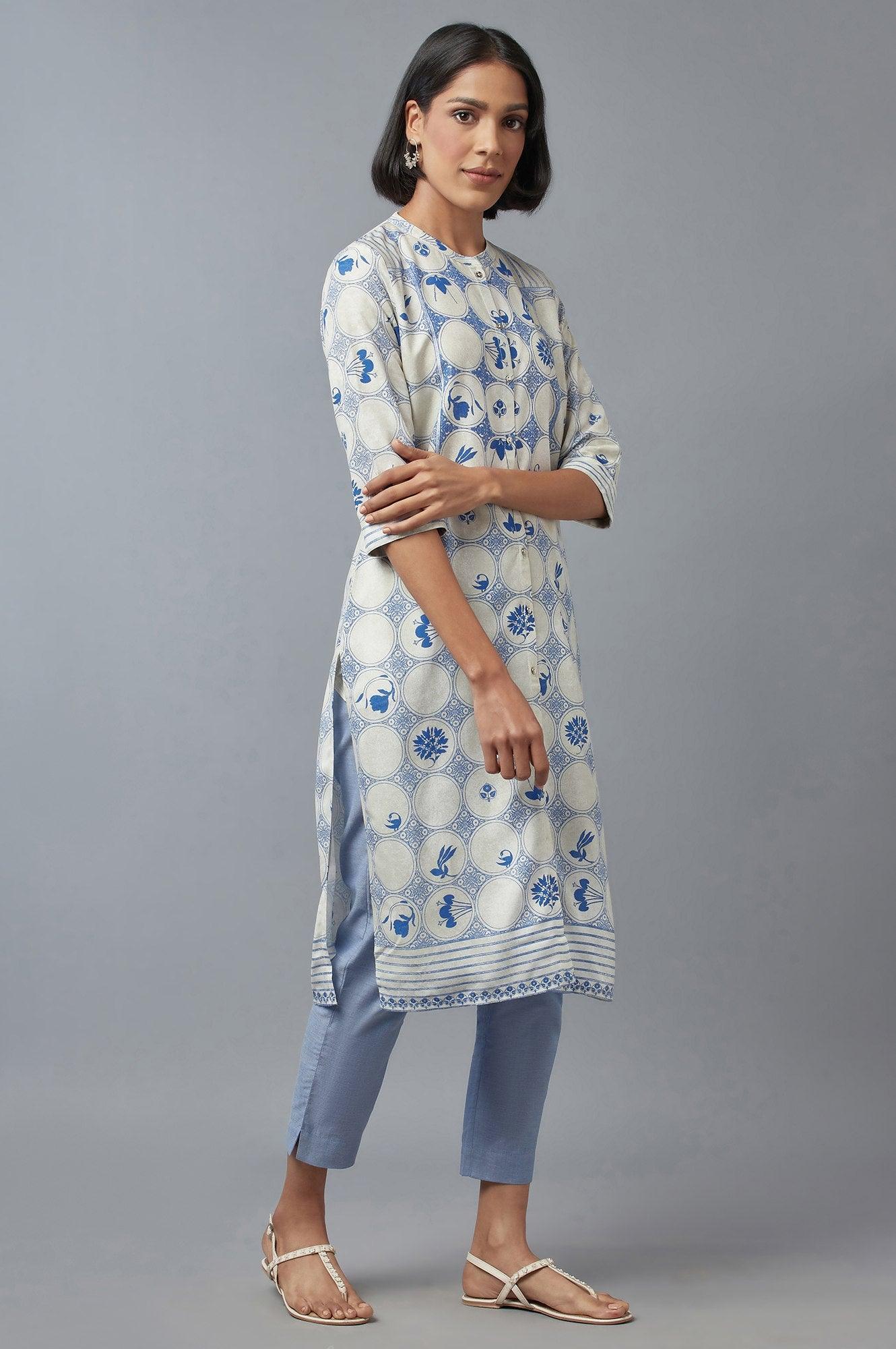 Blue and Ecru Printed kurta - wforwoman
