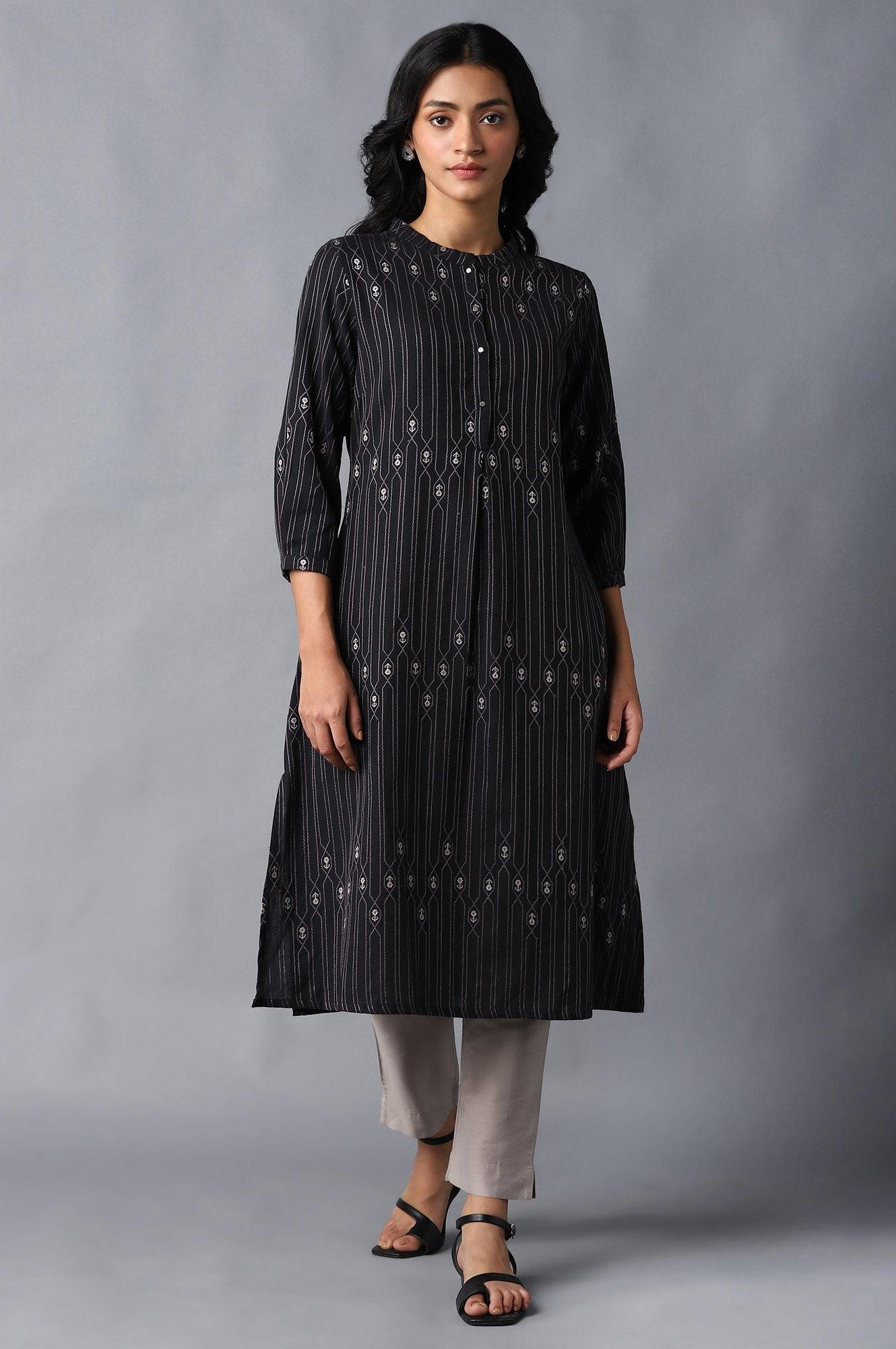 Jet Black Button Down kurta - wforwoman
