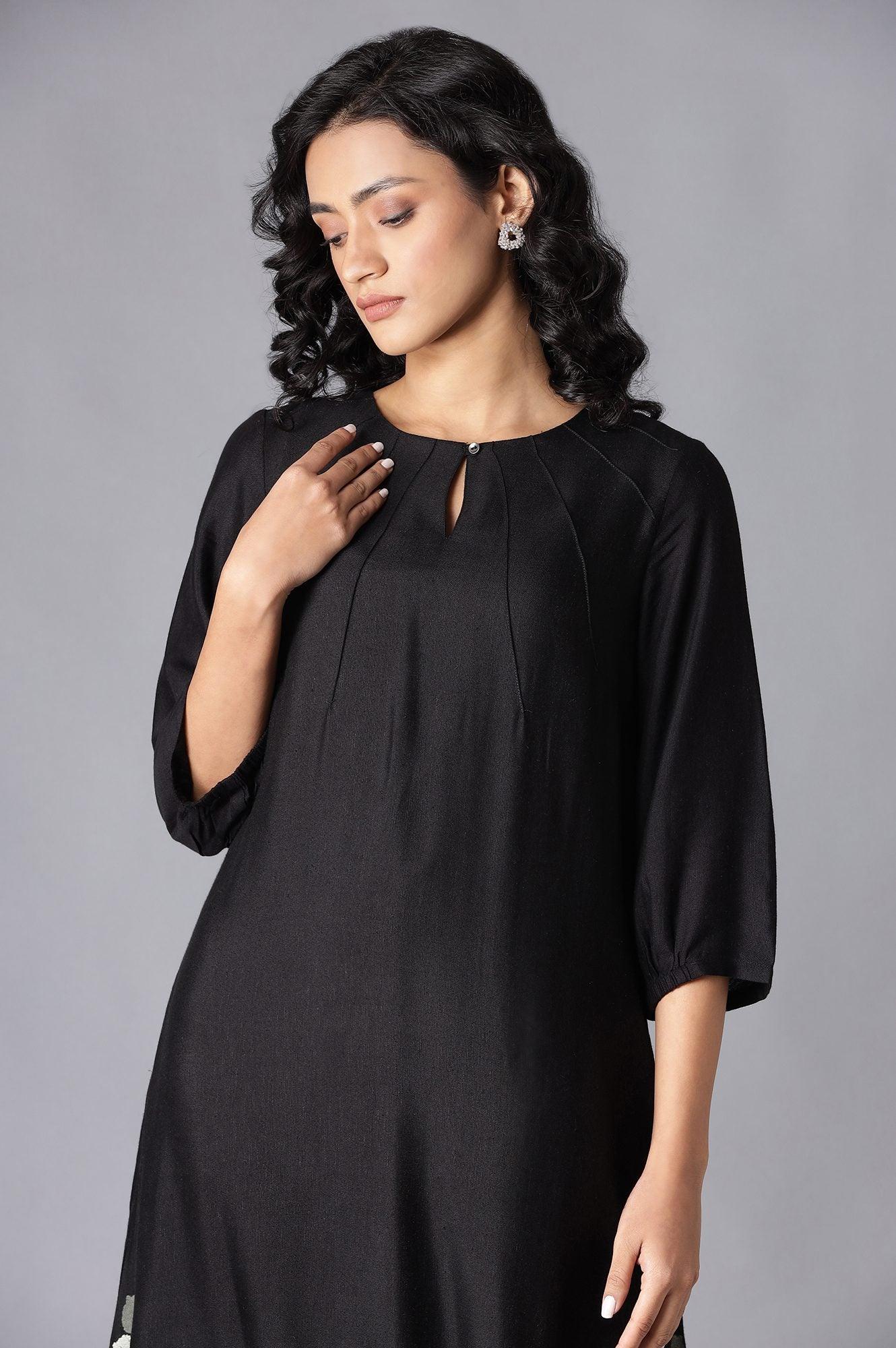 Jet Black Pintuck kurta With Embroidery - wforwoman