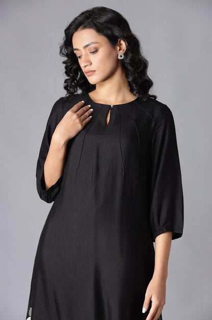 Jet Black Pintuck kurta With Embroidery - wforwoman