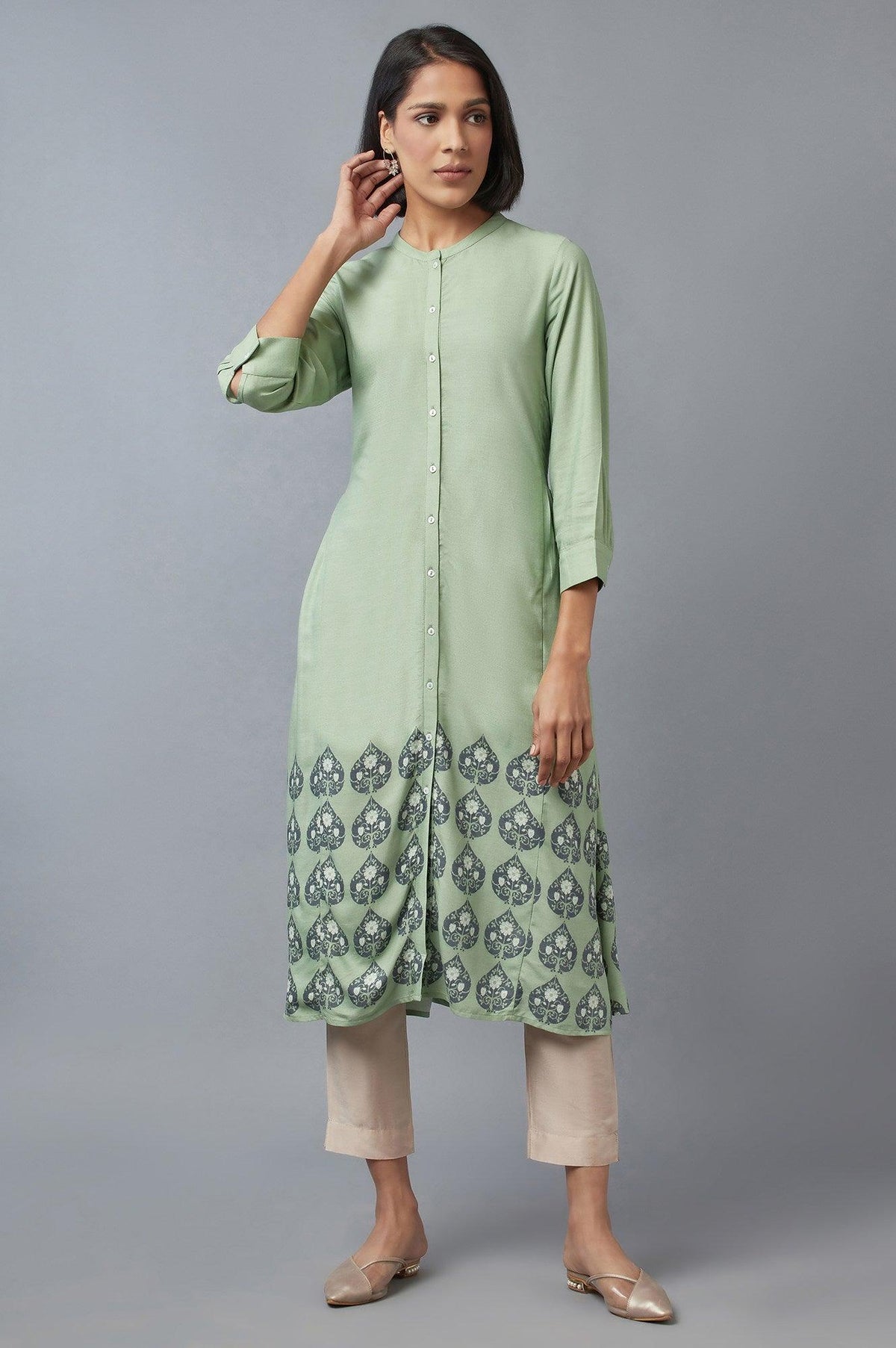 Fern Green A-line Printed kurta - XS