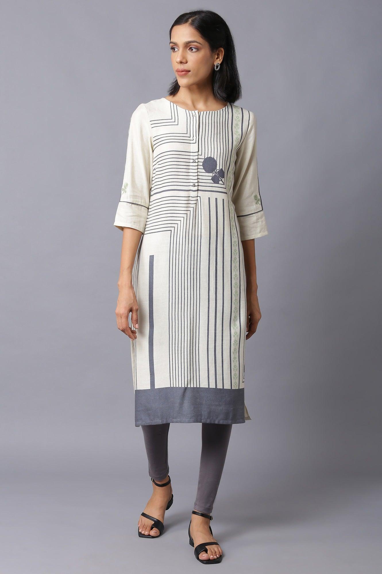 Ecru Straight Printed kurta - wforwoman