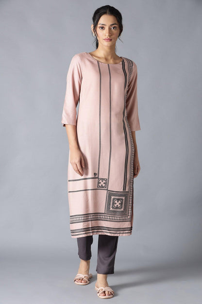 Salmon Pink Placement Print kurta - wforwoman